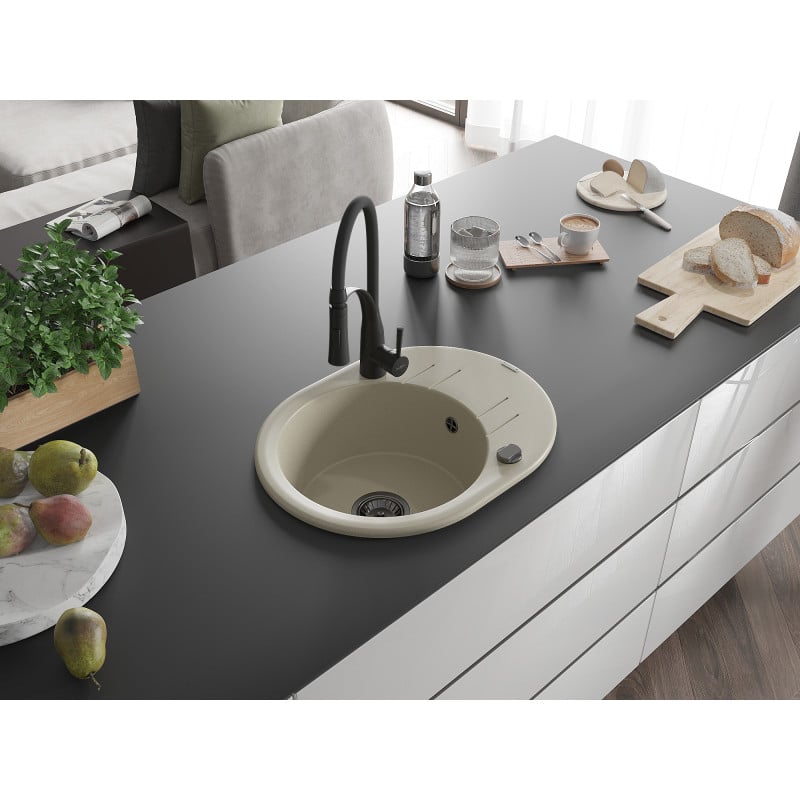 Mexen Kevin chiuvetă de granit cu 1 compartiment cu scurgător și baterie de bucătărie Aster, bej - 6517-69-73450-70-B