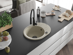 Mexen Kevin egymedencés gránit mosogató csepegtetővel és Aster konyhai csapteleppel, bézs - 6517-69-73450-70-B