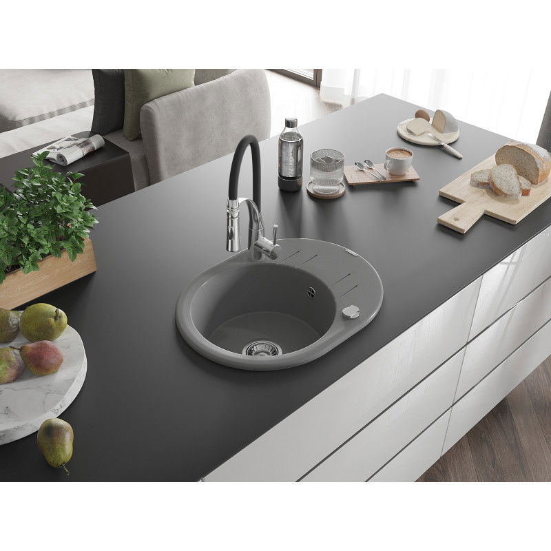 Mexen Kevin chiuvetă de granit cu 1 compartiment cu scurgător și baterie de bucătărie Aster, gri - 6517-71-73450-07