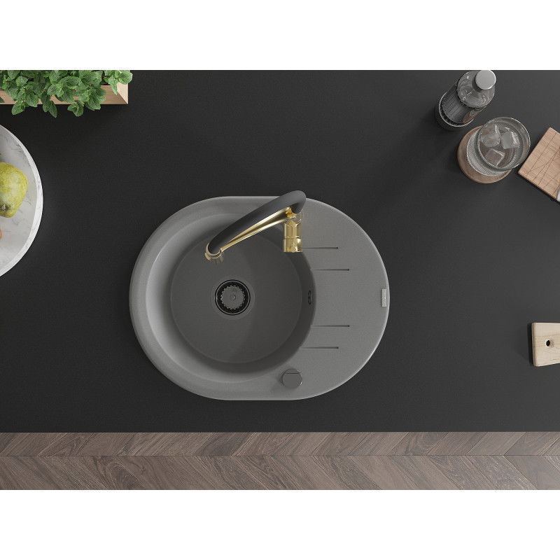 Mexen Kevin egytálcás gránit mosogató csepegtetővel és Aster konyhai csapteleppel, szürke - 6517-71-73450-57-B