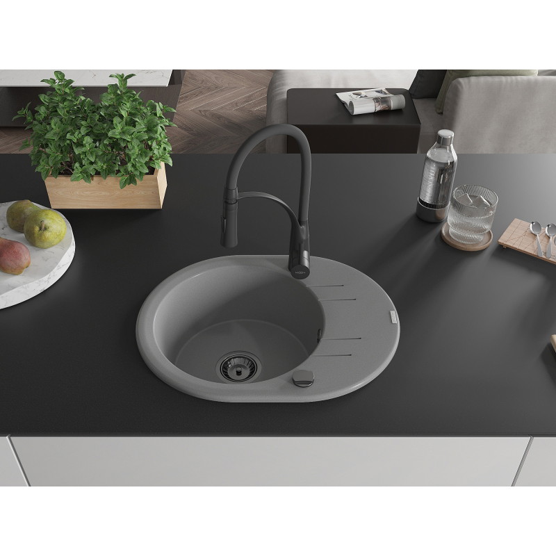 Mexen Kevin chiuvetă de granit cu 1 compartiment cu scurgător și baterie de bucătărie Aster, gri - 6517-71-73450-70-B