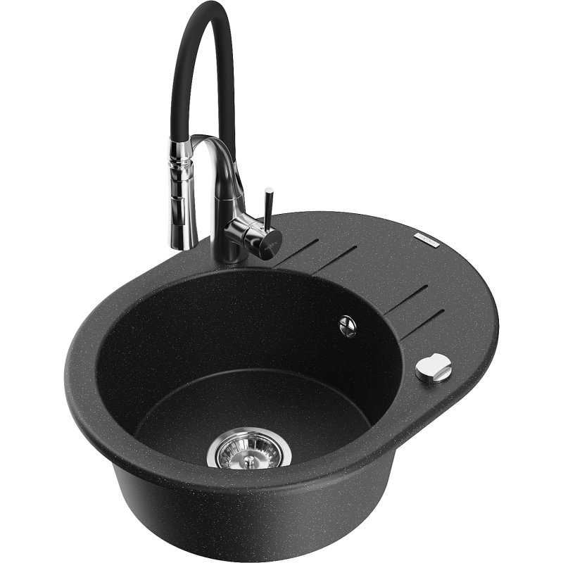 Mexen Kevin chiuvetă de granit cu 1 compartiment cu picurător și baterie de bucătărie Aster, negru/argintiu metalizat