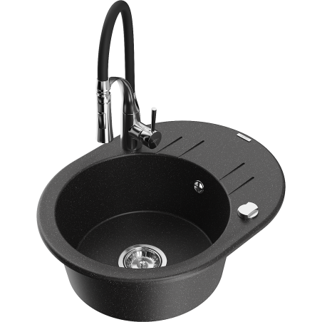 Mexen Kevin chiuvetă de granit cu 1 compartiment cu picurător și baterie de bucătărie Aster, negru/argintiu metalizat