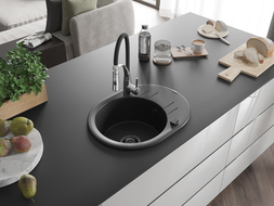 Mexen Kevin chiuvetă de granit 1-cameră cu scurgător și baterie de bucătărie Aster, negru/argintiu metalic - 6517-73-73450-07-B