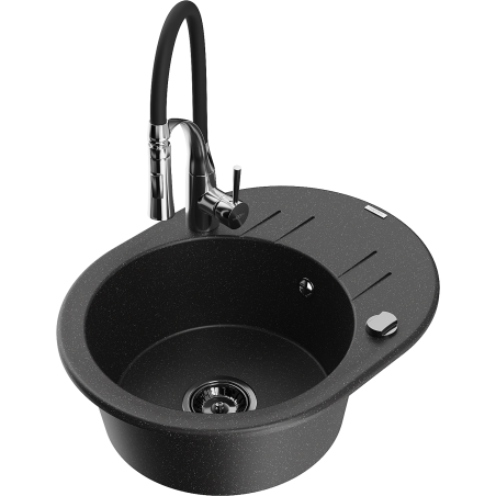 Mexen Kevin chiuvetă de bucătărie din granit cu 1 cuvă, cu scurgător și baterie de bucătărie Aster, negru/argintiu