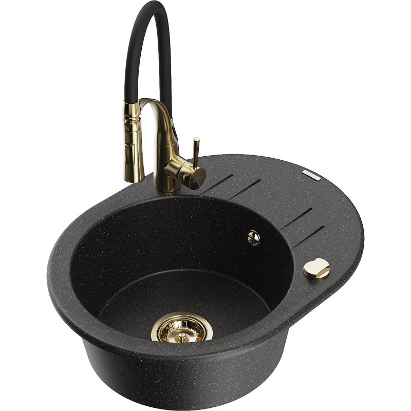 Mexen Kevin chiuvetă din granit cu 1 compartiment, cu scurgător și baterie de bucătărie Aster, negru/argintiu metalizat