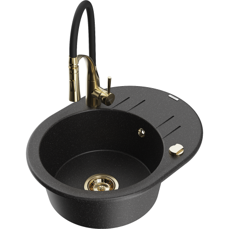 Mexen Kevin chiuvetă din granit cu 1 compartiment, cu scurgător și baterie de bucătărie Aster, negru/argintiu metalizat