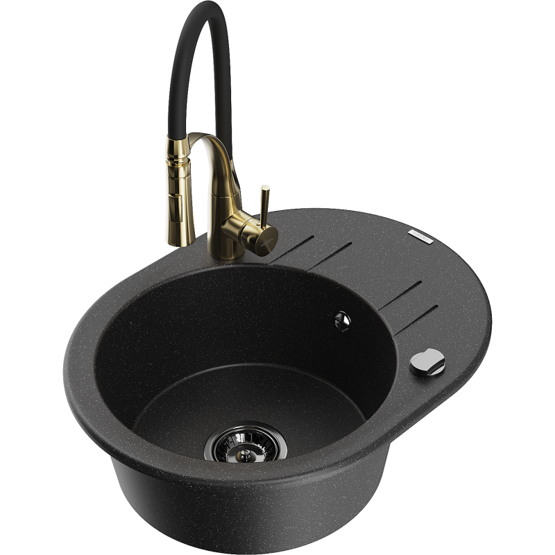 Mexen Kevin chiuvetă de granit cu 1 compartiment cu scurgător și baterie de bucătărie Aster, negru/argintiu metalizat