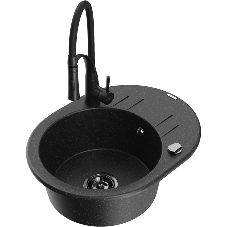 Mexen Kevin 1-medencés gránit mosogató csepegtetővel és Aster konyhai csappal, fekete/ezüst metál - 6517-73-73450-70-B