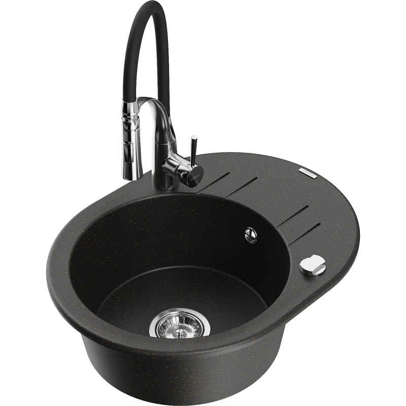Mexen Kevin chiuvetă din granit cu o singură cuvă cu scurgător și baterie de bucătărie Aster, negru/auriu metalic