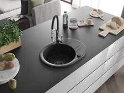 Mexen Kevin chiuvetă de granit 1-cameră cu scurgător și baterie bucătărie Aster, negru/oro metalizat - 6517-75-73450-07-B