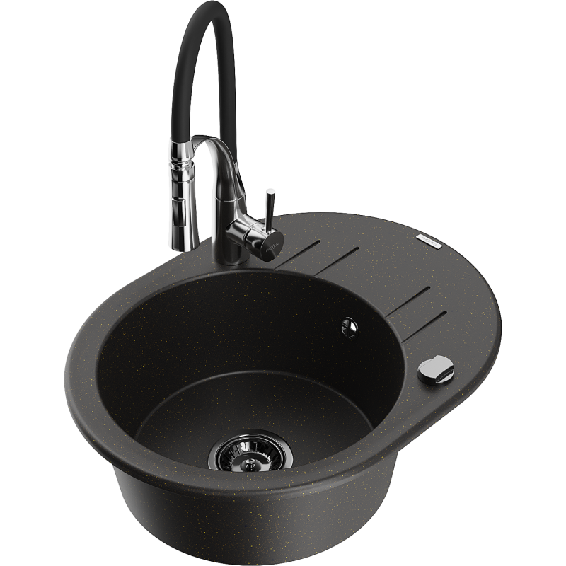 Mexen Kevin chiuvetă din granit cu 1 compartiment cu picurător și baterie de bucătărie Aster, negru/auriu metalizat