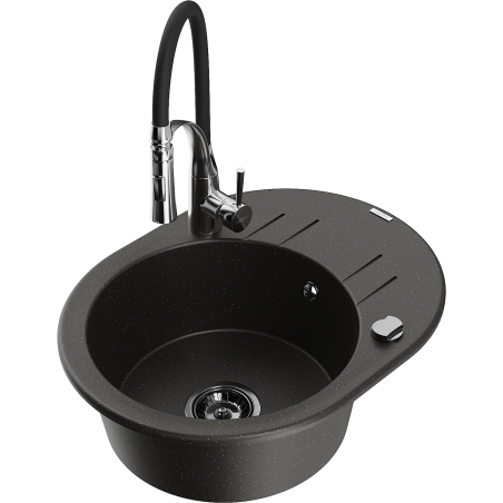 Mexen Kevin chiuvetă din granit cu 1 compartiment cu picurător și baterie de bucătărie Aster, negru/auriu metalizat