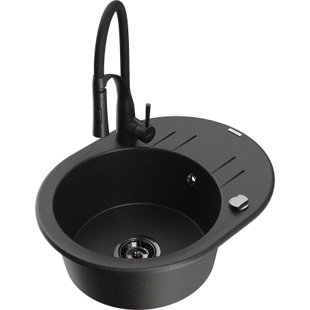 Mexen Kevin chiuvetă de granit cu 1 compartiment și scurgător și baterie de bucătărie Aster, negru/metalizată aurie