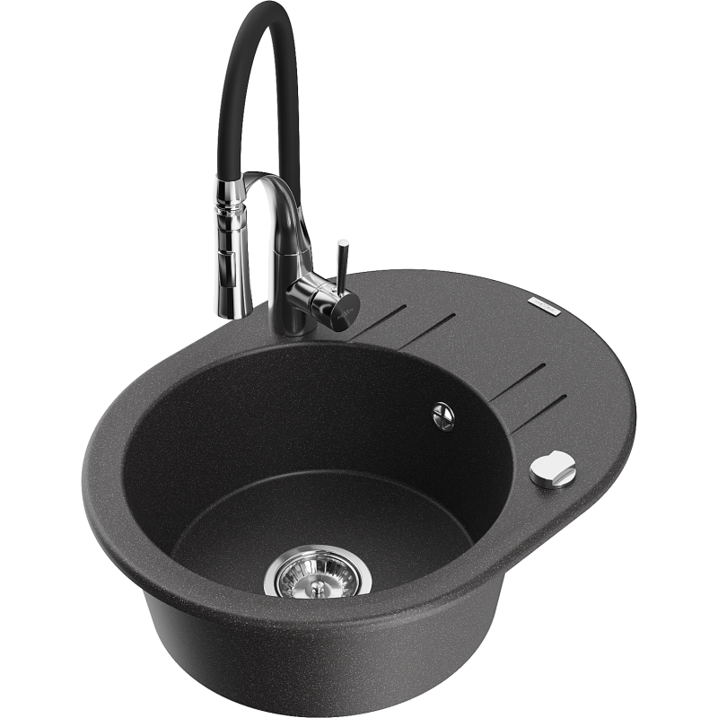 Mexen Kevin chiuvetă de granit cu 1 compartiment, cu scurgător și baterie de bucătărie Aster, negru pătat