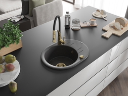 Mexen Kevin chiuvetă de granit cu 1 compartiment, cu scurgător și baterie de bucătărie Aster, negru cu pete - 6517-76-73450-57-G