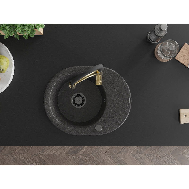 Mexen Kevin 1-medencés gránit mosogató csepegtetővel és Aster konyhai csapteleppel, fekete pöttyös - 6517-76-73450-57-B