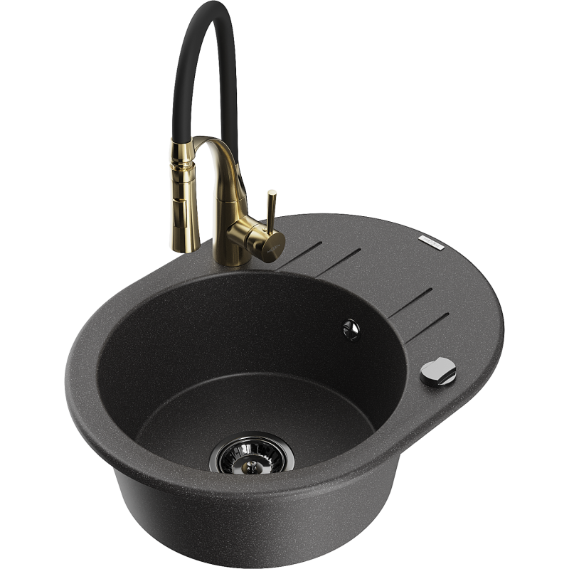 Mexen Kevin chiuvetă de bucătărie din granit cu 1 compartiment, cu scurgător și baterie Aster, negru stropit