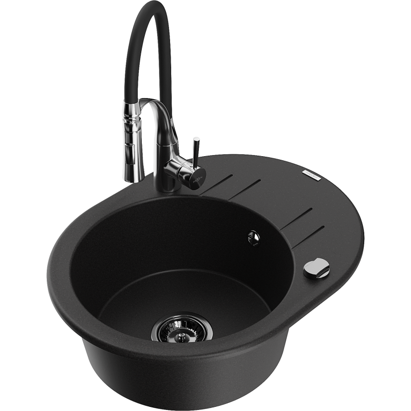 Mexen Kevin chiuvetă din granit cu o singură cuvă cu scurgător și baterie de bucătărie Aster, negru - 6517-77-73450-07-B