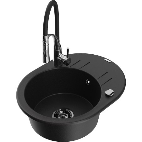 Mexen Kevin chiuvetă din granit cu o singură cuvă cu scurgător și baterie de bucătărie Aster, negru - 6517-77-73450-07-B