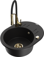 Mexen Kevin gránit mosogató 1-medencés csepegtetővel és Aster konyhai csapteleppel, fekete - 6517-77-73450-57-G