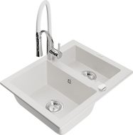 Mexen Carlos chiuvetă de granit cu 1,5 compartimente și baterie de bucătărie Aster, alb - 6518-20-73450-02