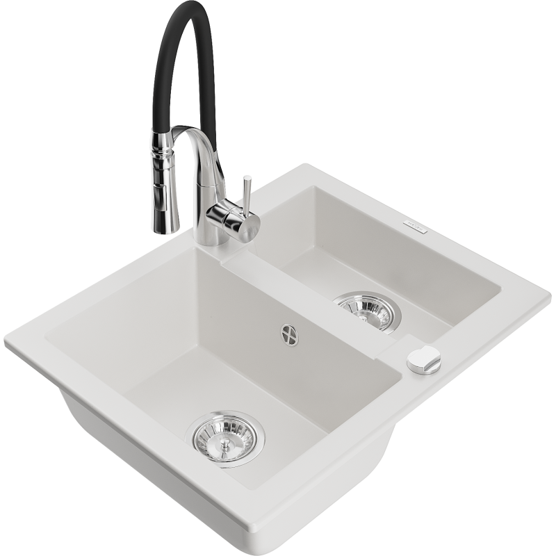 Mexen Carlos 1,5-medencés gránit mosogató Aster konyhai csappal, fehér - 6518-20-73450-07