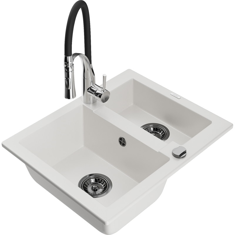 Mexen Carlos chiuvetă din granit cu 1,5 camere și baterie de bucătărie Aster, albă - 6518-20-73450-07-B