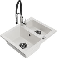 Mexen Carlos chiuvetă granit 1,5 cuve cu baterie bucătărie Aster, alb - 6518-20-73450-07-B