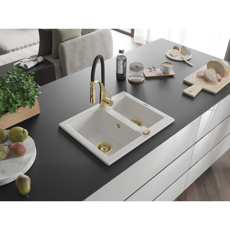 Mexen Carlos gránit mosogató 1,5 medencével és Aster konyhai csapteleppel, fehér - 6518-20-73450-57-G