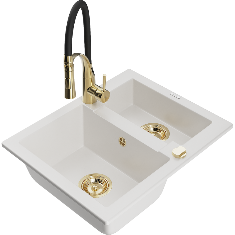 Mexen Carlos 1,5-medencés gránit mosogató Aster konyhai csapteleppel, fehér - 6518-20-73450-57-G