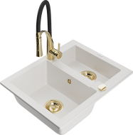 Mexen Carlos chiuvetă de bucătărie din granit, 1,5 compartimente cu baterie de bucătărie Aster, alb - 6518-20-73450-57-G