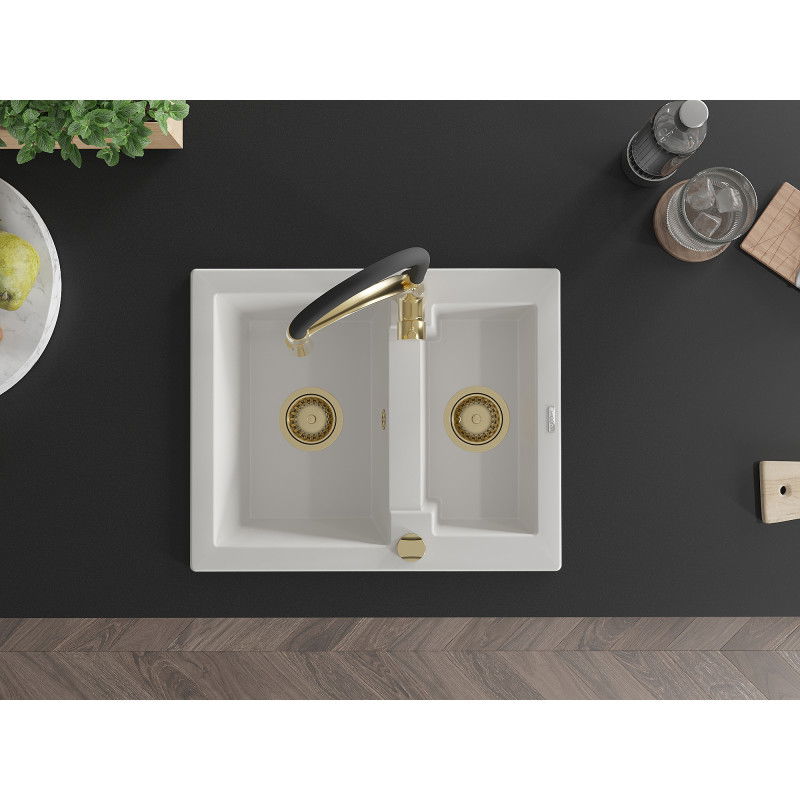 Mexen Carlos 1,5-medencés gránit mosogató Aster konyhai csapteleppel, fehér - 6518-20-73450-57-G