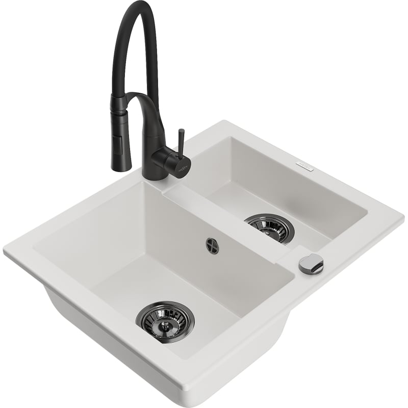 Mexen Carlos chiuvetă de granit cu 1,5 compartimente cu baterie de bucătărie Aster, albă - 6518-20-73450-70-B