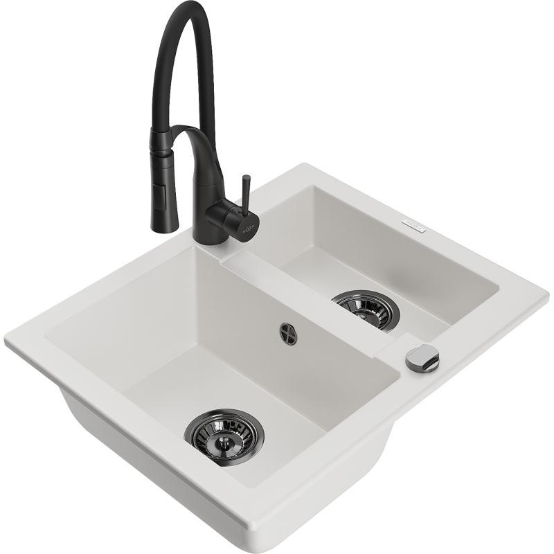 Mexen Carlos gránit 1,5-medencés mosogató Aster konyhai csapteleppel, fehér - 6518-20-73450-70-B