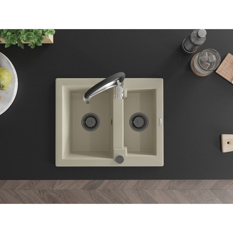 Mexen Carlos gránit mosogató 1,5 rekesszel és Aster konyhai csapteleppel, bézs - 6518-69-73450-07-B