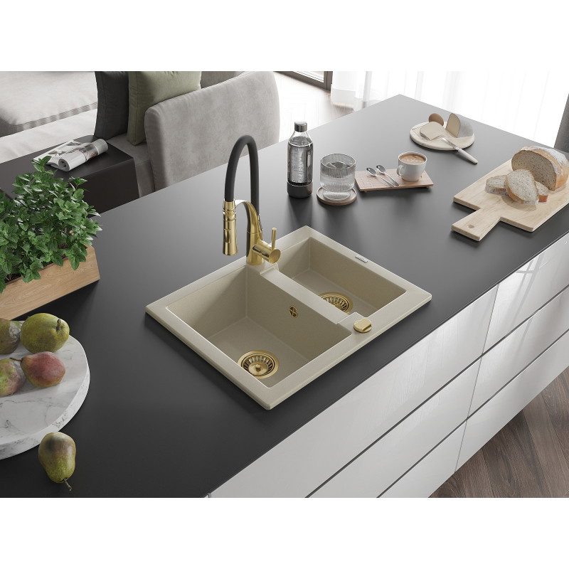 Mexen Carlos chiuvetă din granit cu 1,5 compartimente, cu baterie de bucătărie Aster, bej - 6518-69-73450-57-G