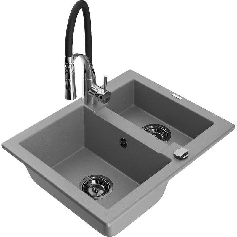 Mexen Carlos chiuvetă de granit cu 1,5 cuve cu baterie de bucătărie Aster, gri - 6518-71-73450-07-B