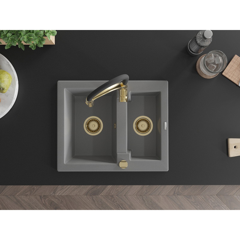 Mexen Carlos chiuvetă de bucătărie din granit cu 1,5 compartimente și baterie Aster, gri - 6518-71-73450-57-G