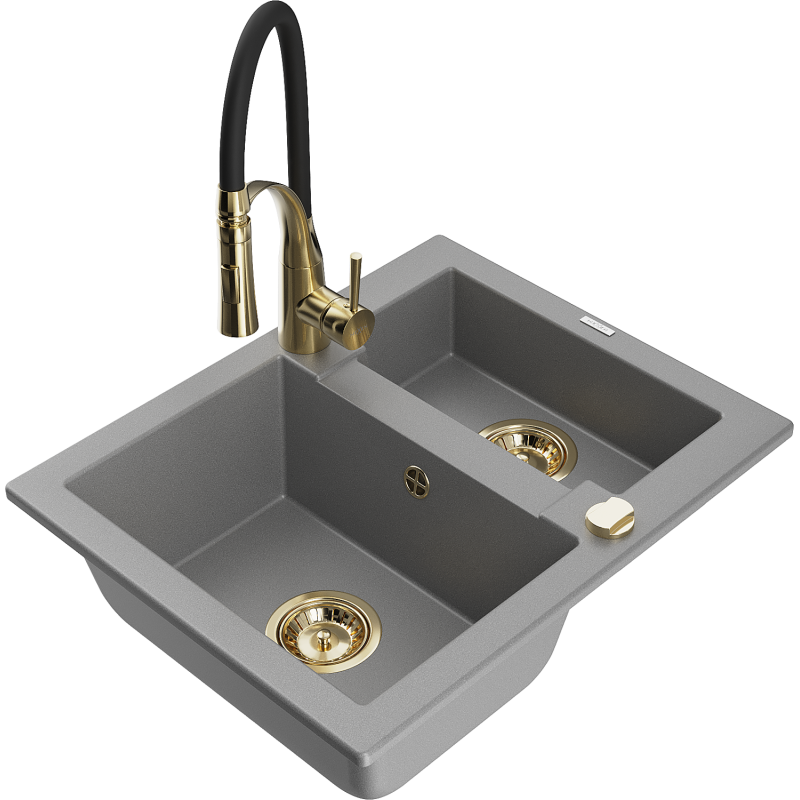 Mexen Carlos 1,5-medencés gránit mosogató Aster konyhai csapteleppel, szürke - 6518-71-73450-57-G