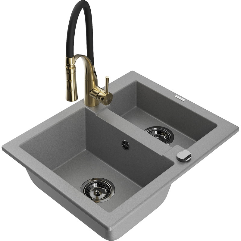 Mexen Carlos chiuvetă de granit cu 1,5 cuve și baterie de bucătărie Aster, gri - 6518-71-73450-57-B