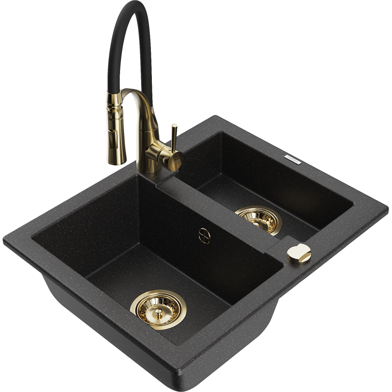 Mexen Carlos chiuvetă din granit cu 1,5 compartimente și baterie de bucătărie Aster, negru/metalizat argintiu