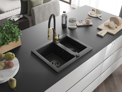Mexen Carlos gránit mosogató 1,5 rekeszes konyhai csappal Aster, fekete/ezüst metál - 6518-73-73450-57-B
