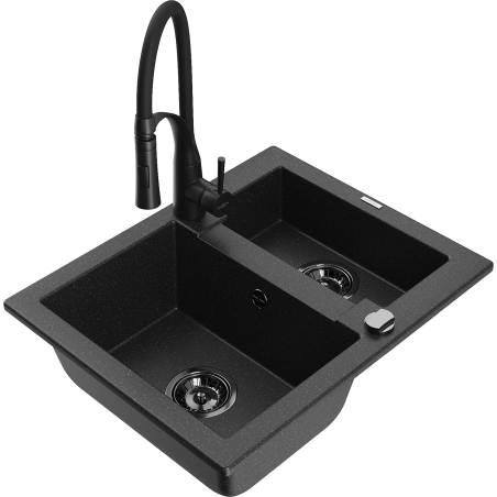 Mexen Carlos 1,5-nyílású gránit mosogató Aster konyhai csappal, fekete/ezüst metál - 6518-73-73450-70-B