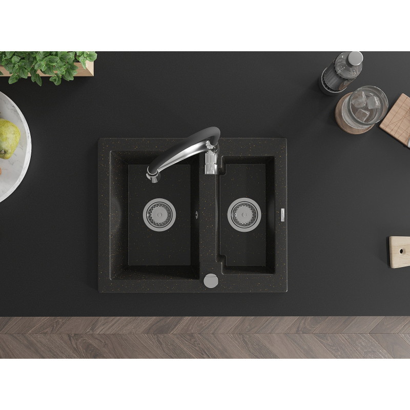 Mexen Carlos chiuvetă de granit cu 1,5 compartimente cu robinet de bucătărie Aster, negru/auriu metalic - 6518-75-73450-07