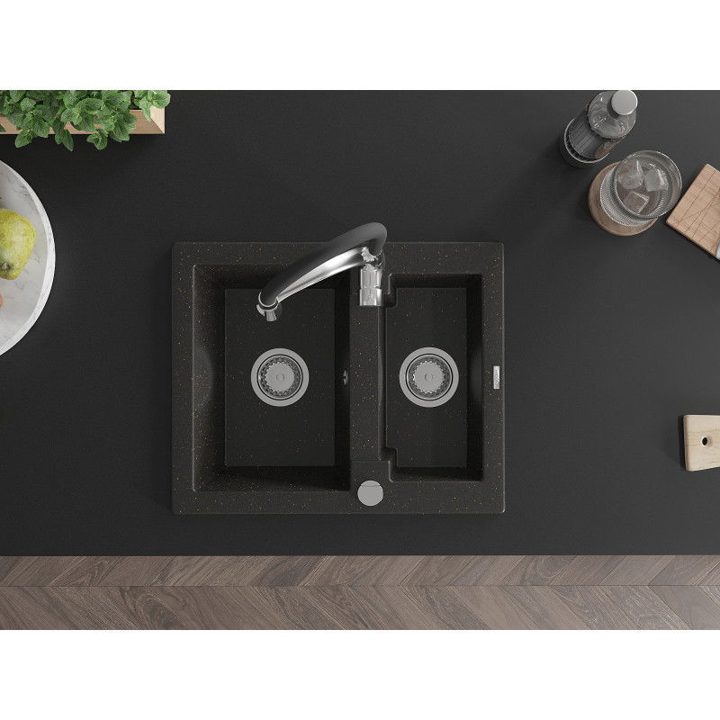 Mexen Carlos gránit mosogató 1,5-medencés Aster konyhai csapteleppel, fekete/arany metál - 6518-75-73450-07