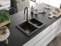 Mexen Carlos chiuvetă granit 1,5 compartiment cu baterie de bucătărie Aster, negru/auriu metalic - 6518-75-73450-57-G