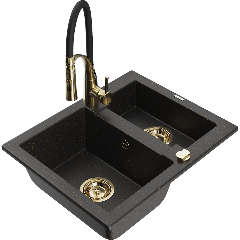 Mexen Carlos gránit mosogató 1,5 medencés Aster konyhai csappal, fekete/arany metál - 6518-75-73450-57-G