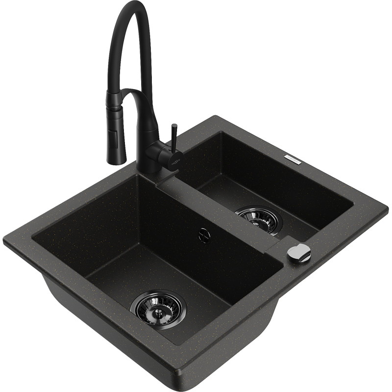 Mexen Carlos chiuvetă de bucătărie din granit cu 1,5 compartimente cu baterie Aster, negru/auriu metalic - 6518-75-73450-70-B