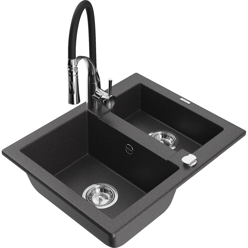 Mexen Carlos chiuvetă granit 1,5 camere cu baterie de bucătărie Aster, negru cu puncte - 6518-76-73450-07
